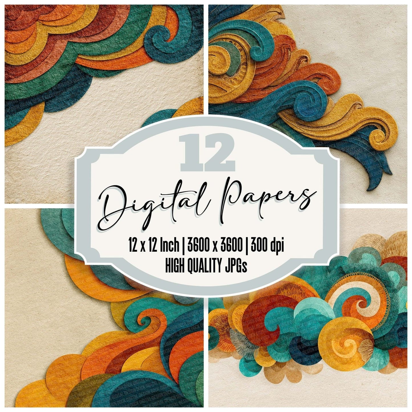 Tribal Curl Wave Teal Mustard Digital Paper Pack (DDD004068)