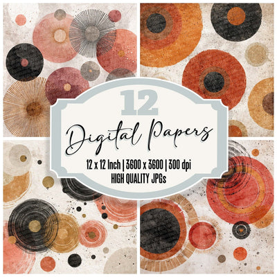 Tribal Sun Disc Terracotta digital paper pack cover showing four of the 12 papers