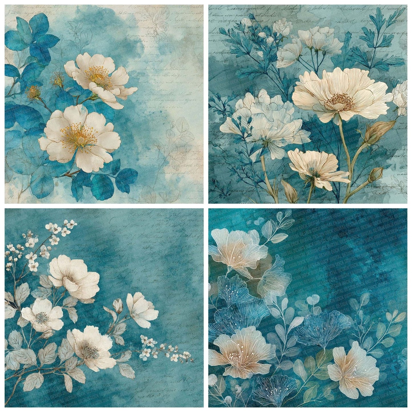 Turquoise Cream Watercolour Wash Floral Digital Paper Pack (DDD004100)