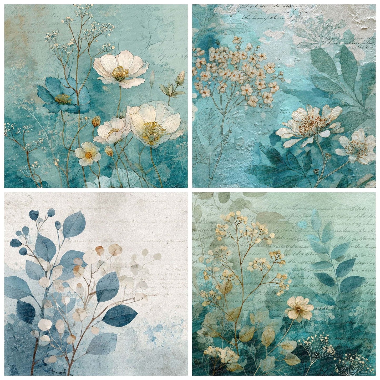 Turquoise Cream Watercolour Wash Floral Digital Paper Pack (DDD004100)