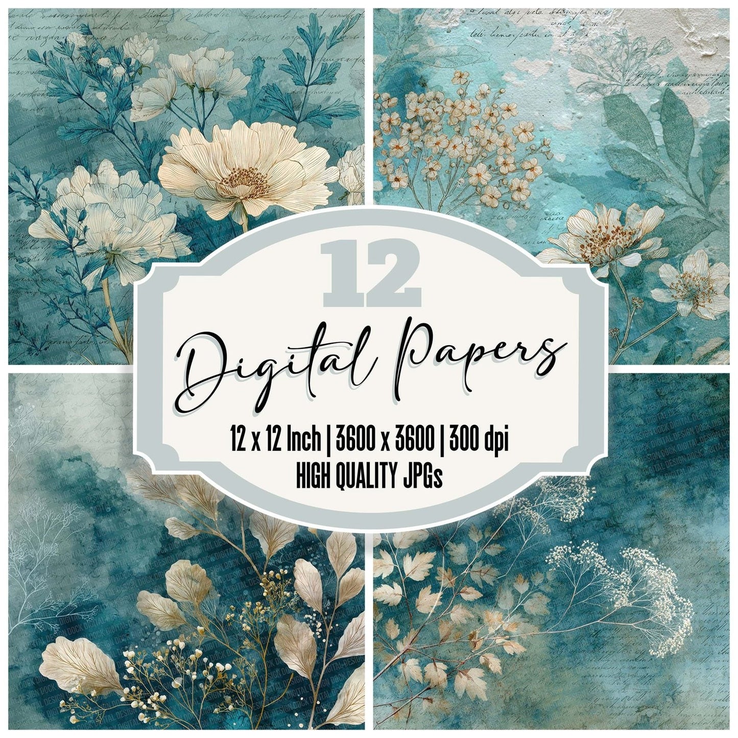 Turquoise Cream Watercolour Wash Floral Digital Paper Pack (DDD004100)