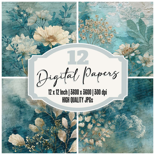 Turquoise Cream Watercolour Wash Floral Digital Paper Pack (DDD004100)
