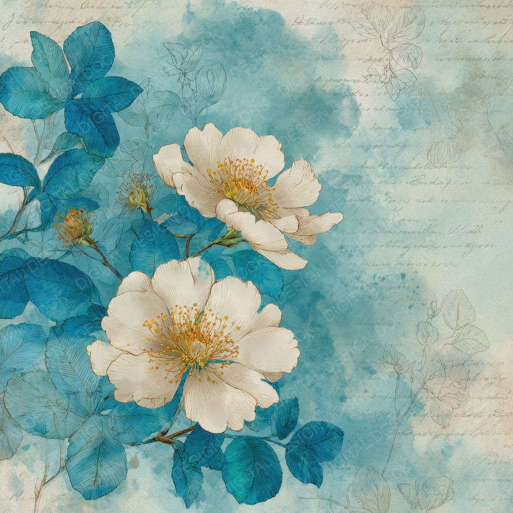 Turquoise Cream Watercolour Wash Floral Digital Paper Pack (DDD004100)