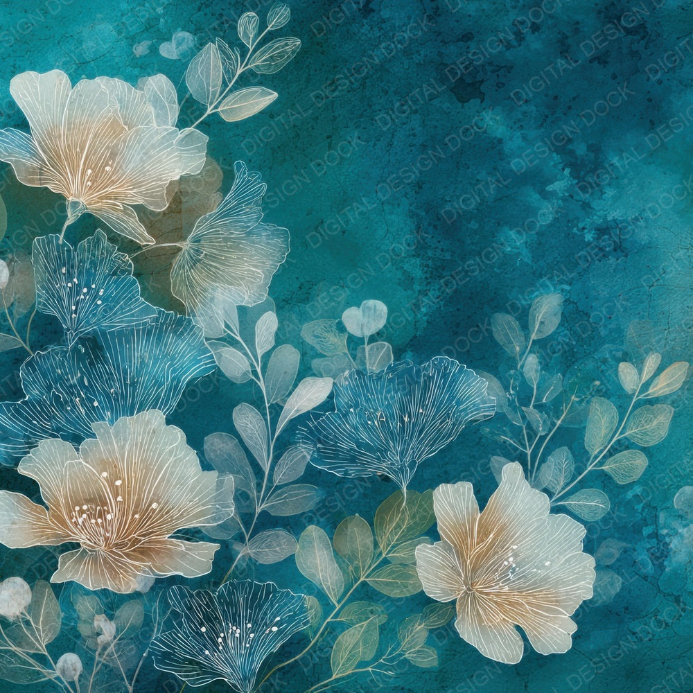 Turquoise Cream Watercolour Wash Floral Digital Paper Pack (DDD004100)