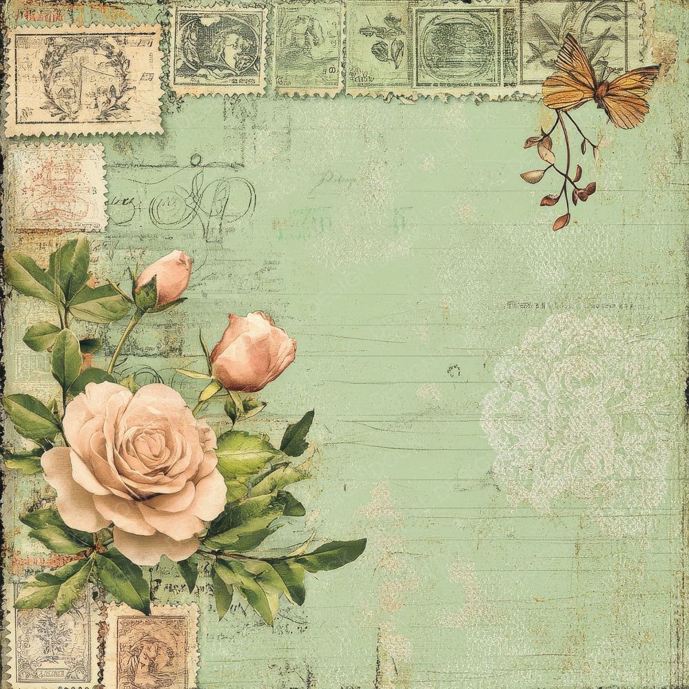 Victorian Decoupage Botanical Post Stamp Digital Paper Pack (DDD004169)