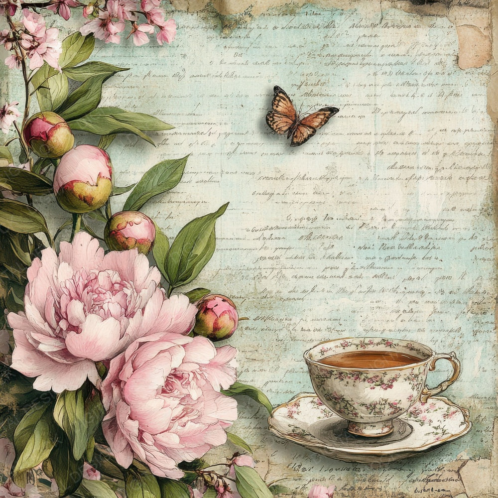 Victorian Decoupage Peony Tea Label Digital Paper Pack (DDD004198)
