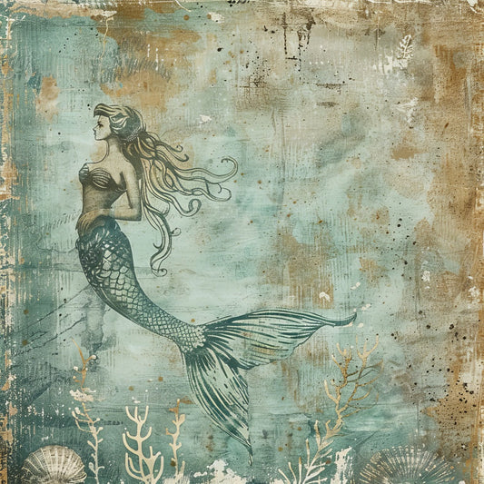 Vintage Digital Paper Muted Teal Mermaid Digital Paper Pack (DDD004266)