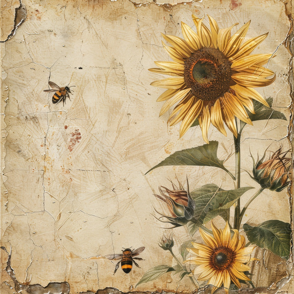 Vintage Digital Paper Sunflower Bees Digital Paper Pack (DDD004290)