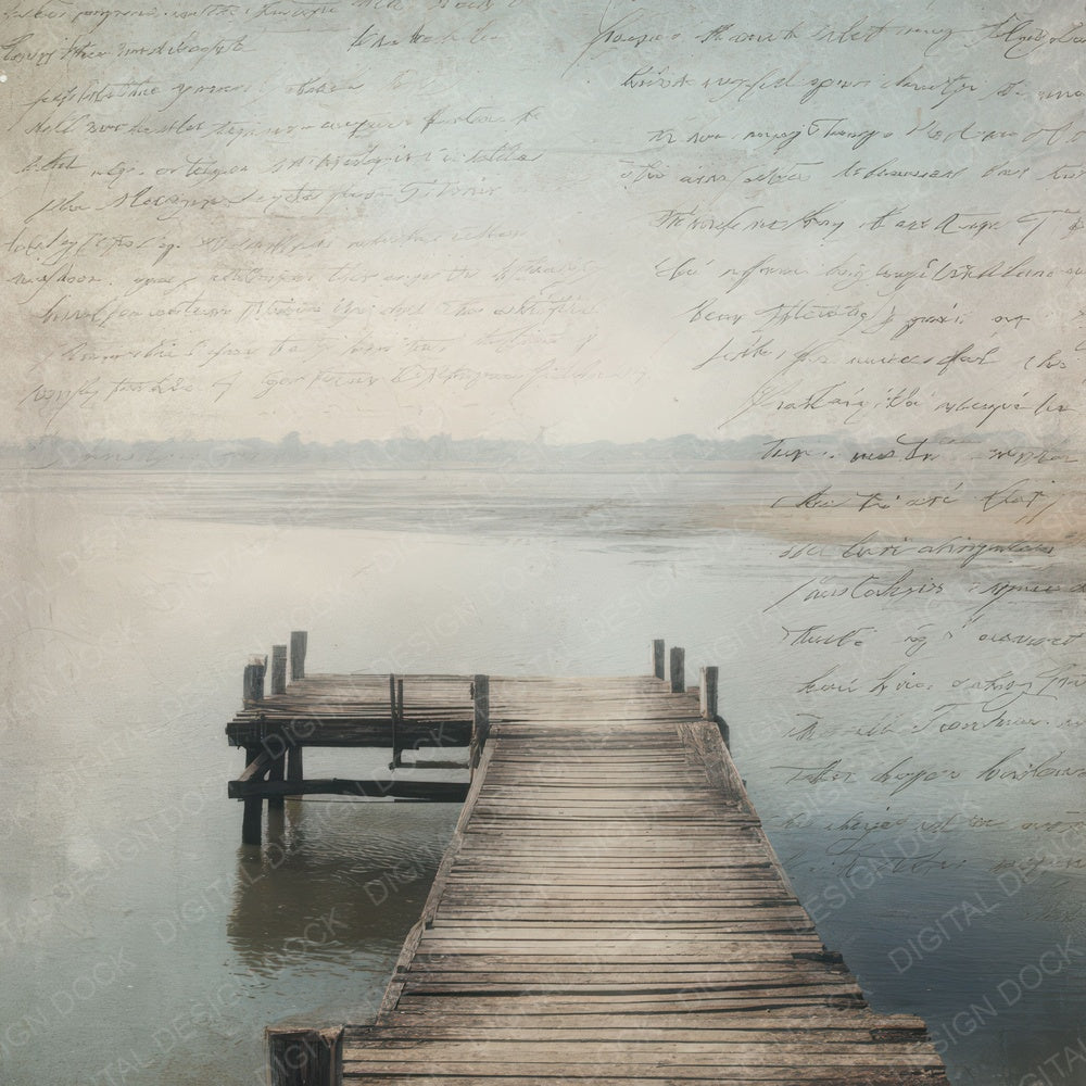 Vintage Lakeside Fishing Pier Scene Digital Paper Pack (DDD012300)