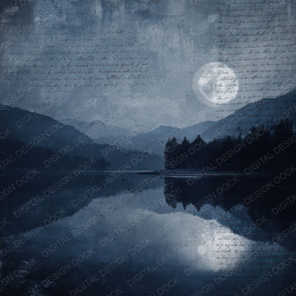 Vintage Moonlit Lake Night Scene Digital Paper Pack (DDD012301)