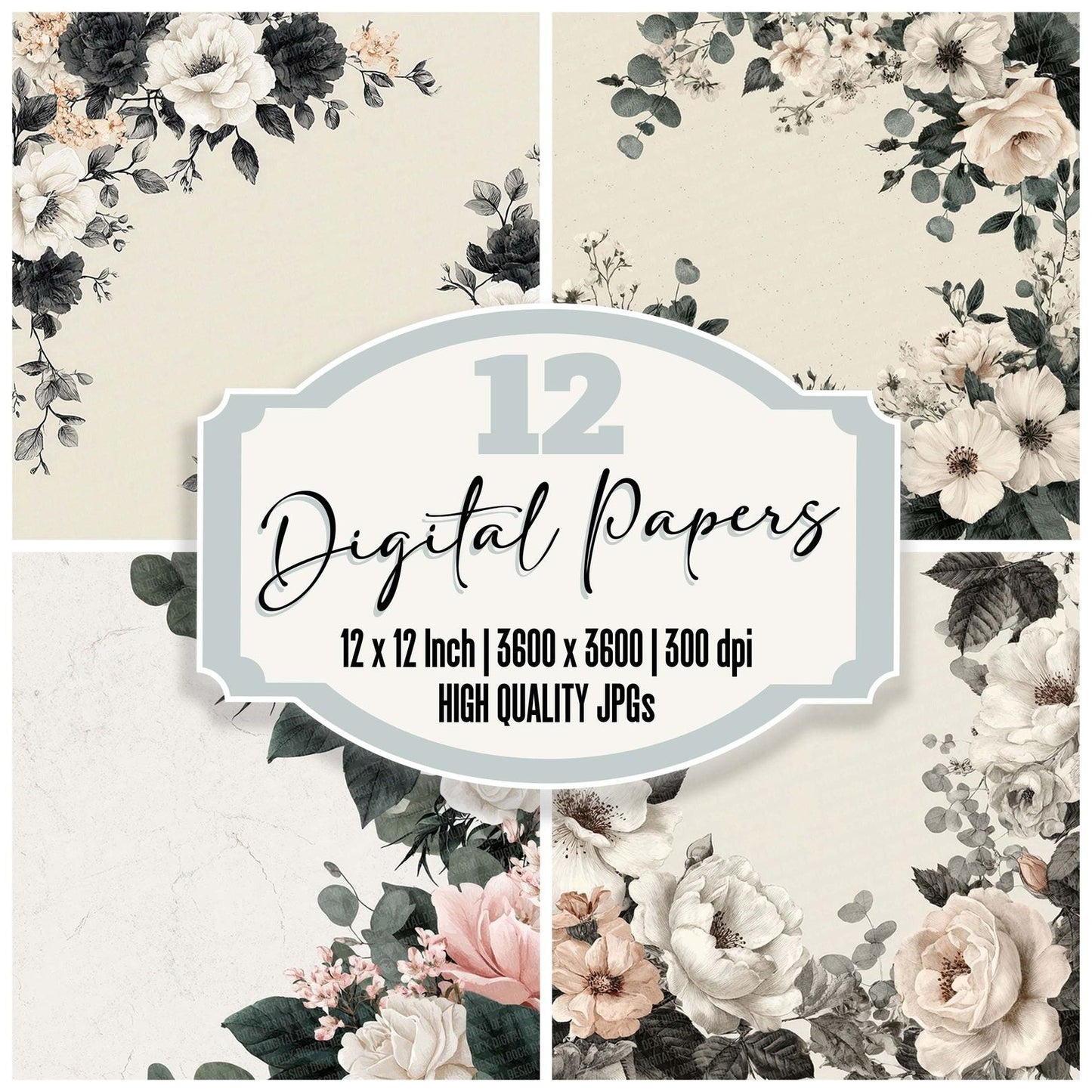 Wedding Floral Border Digital Paper Pack (DDD004392)