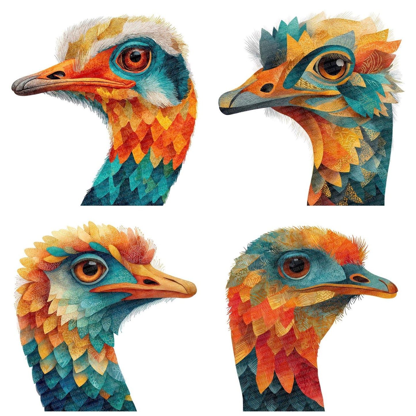 Decorative Ostrich Portrait Clipart Set (DDD005098)