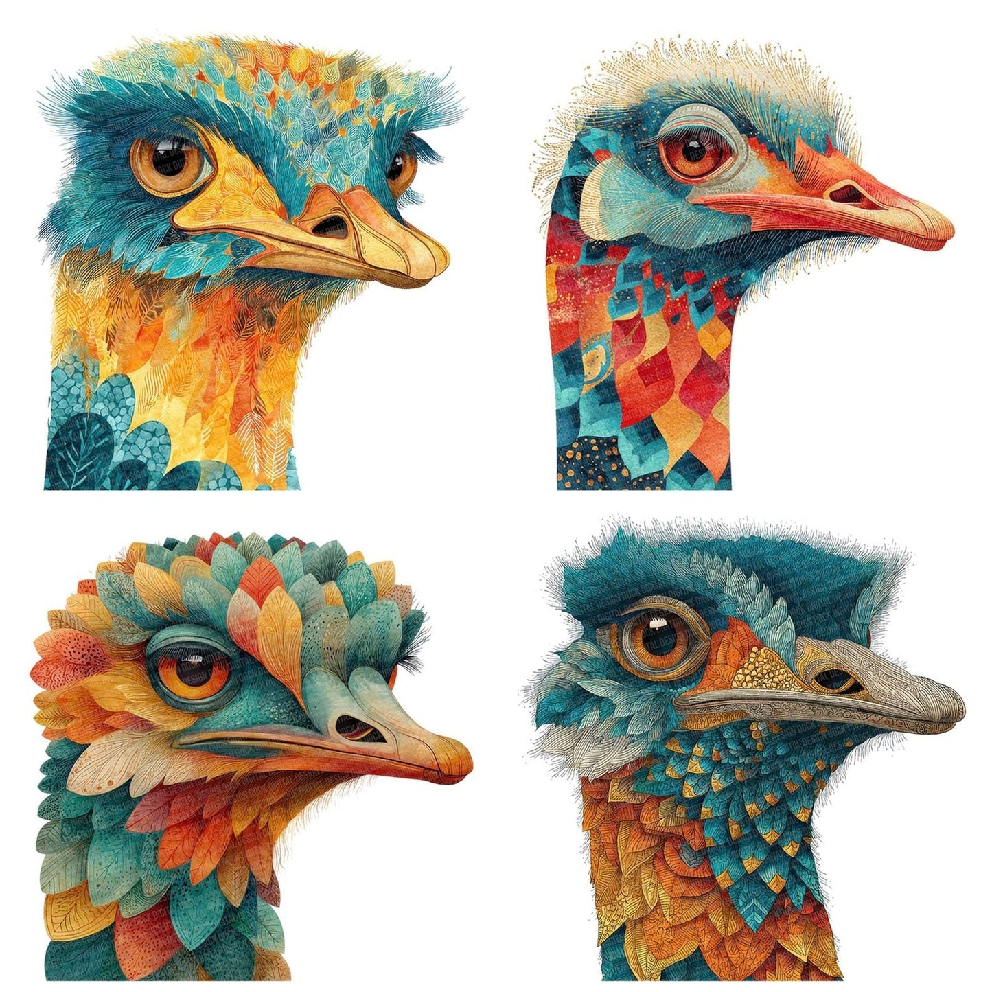 Decorative Ostrich Portrait Clipart Set (DDD005098)