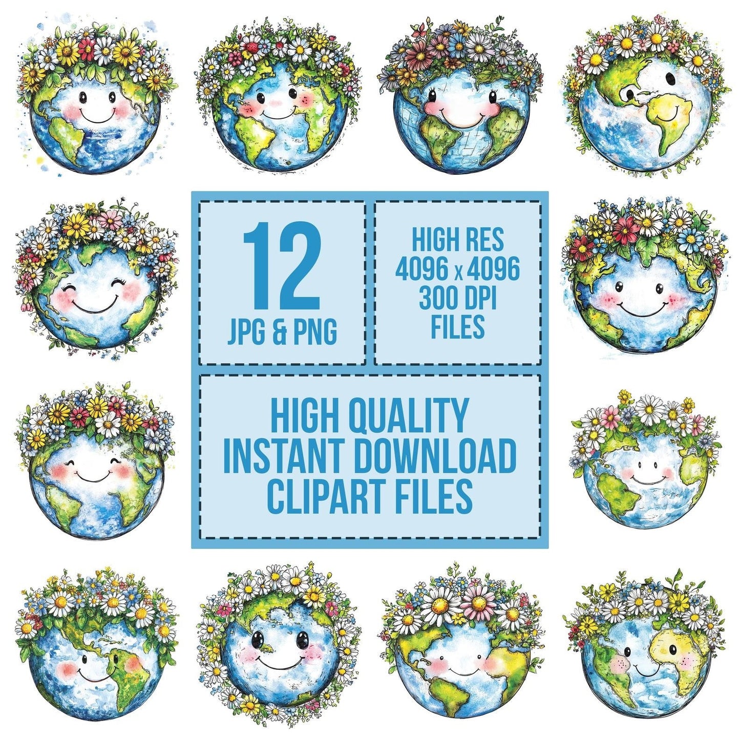 Earth Face with Floral Crown Clipart Set (DDD005138)