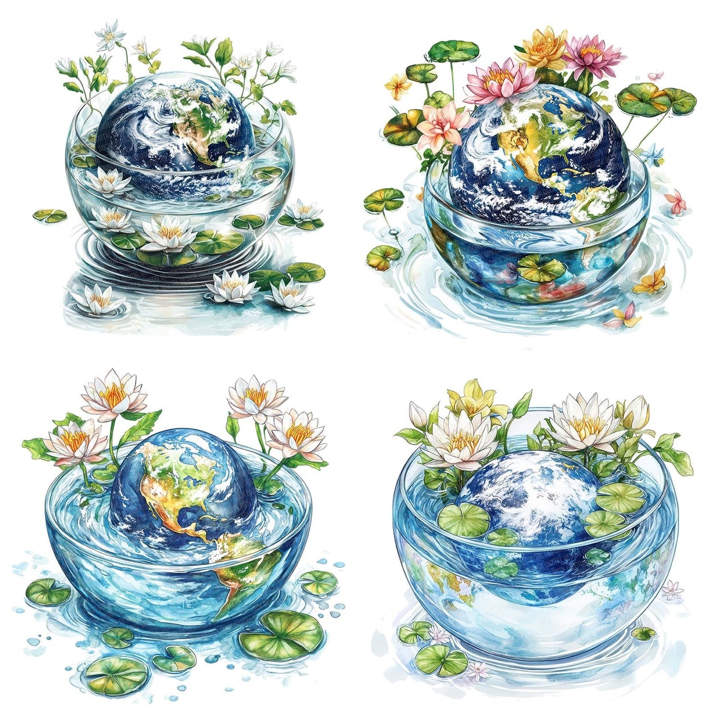 Earth in Floral Water Bowl Clipart Set (DDD005143)