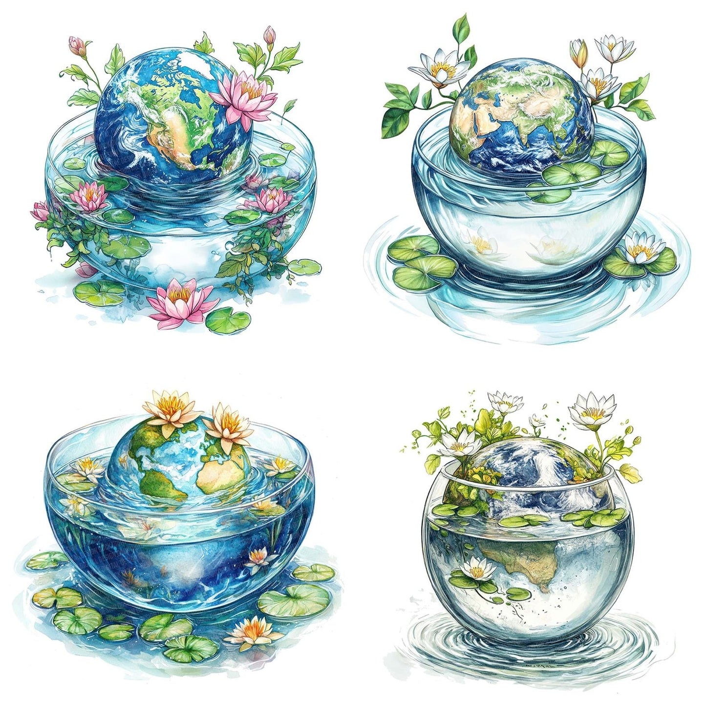Earth in Floral Water Bowl Clipart Set (DDD005143)
