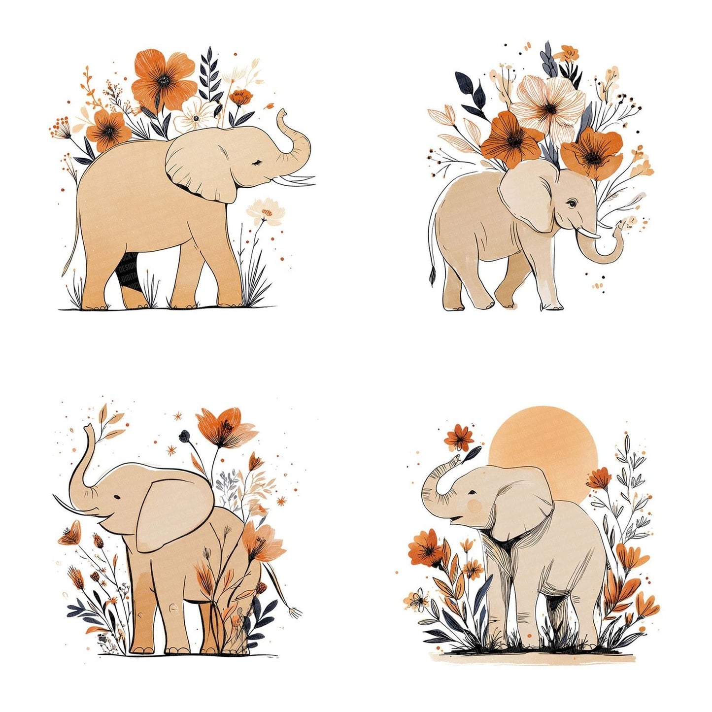 Elephant Floral Line Art Clipart Set (DDD005162)