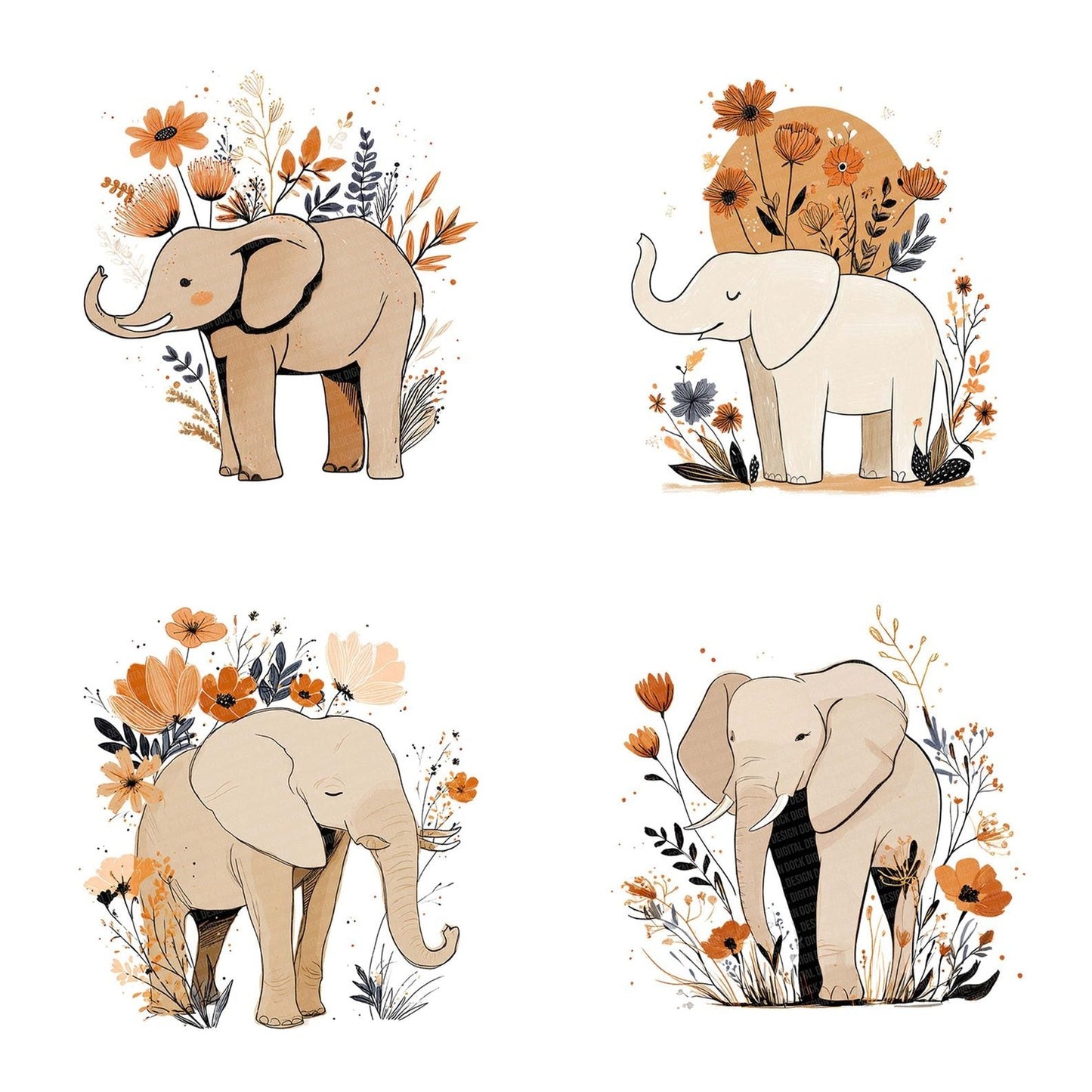 Elephant Floral Line Art Clipart Set (DDD005162)