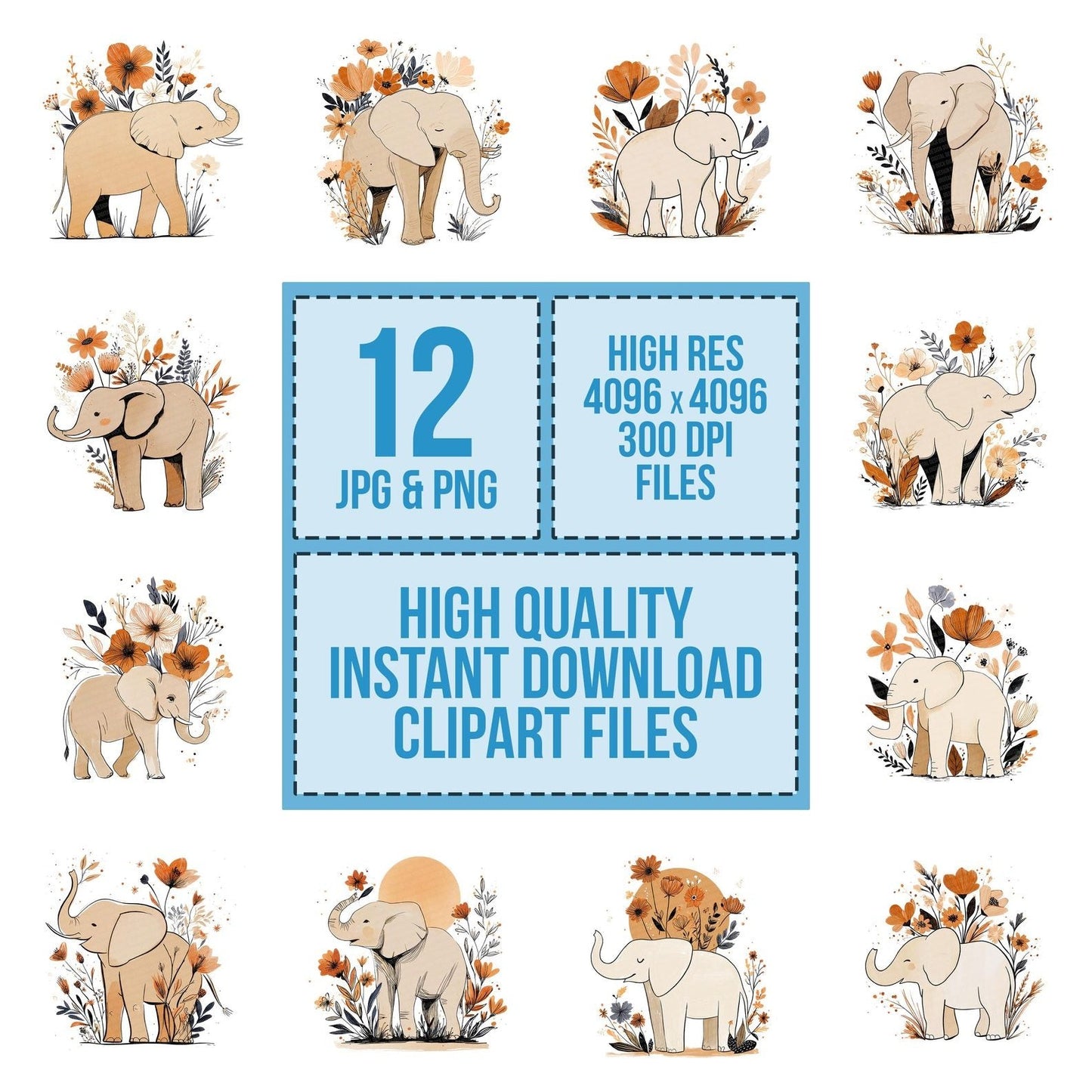 Elephant Floral Line Art Clipart Set (DDD005162)