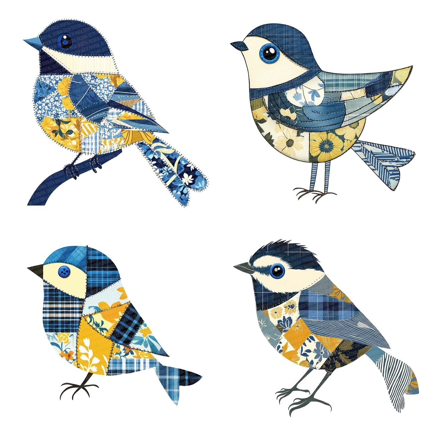 Fabric Blue Tit Patch Checkered Clipart Set (DDD005189)