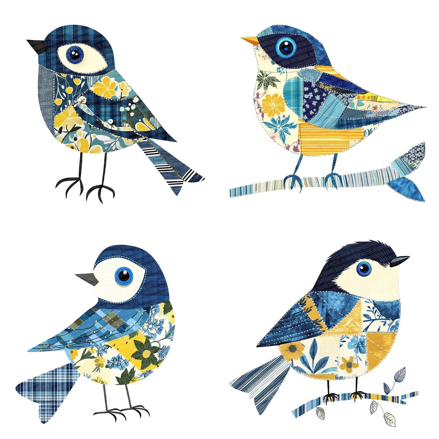 Fabric Blue Tit Patch Checkered Clipart Set (DDD005189)