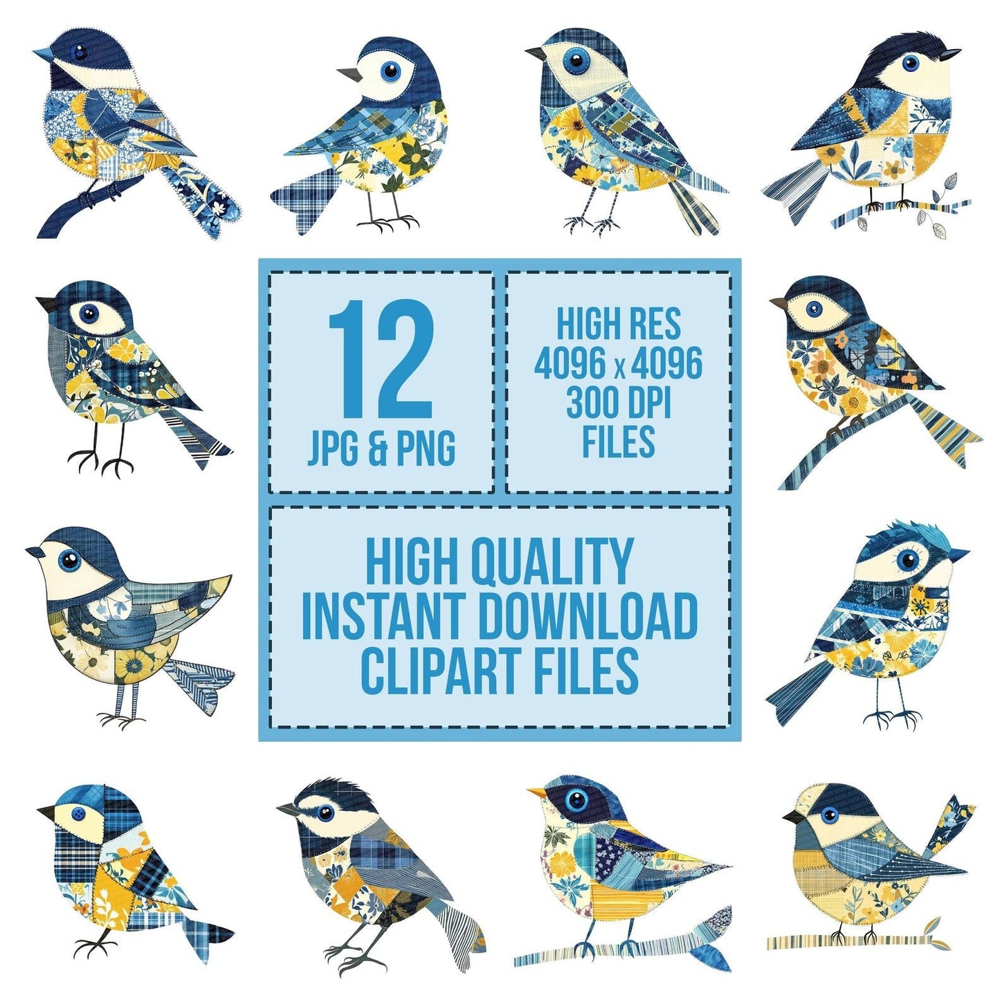 Fabric Blue Tit Patch Checkered Clipart Set (DDD005189)