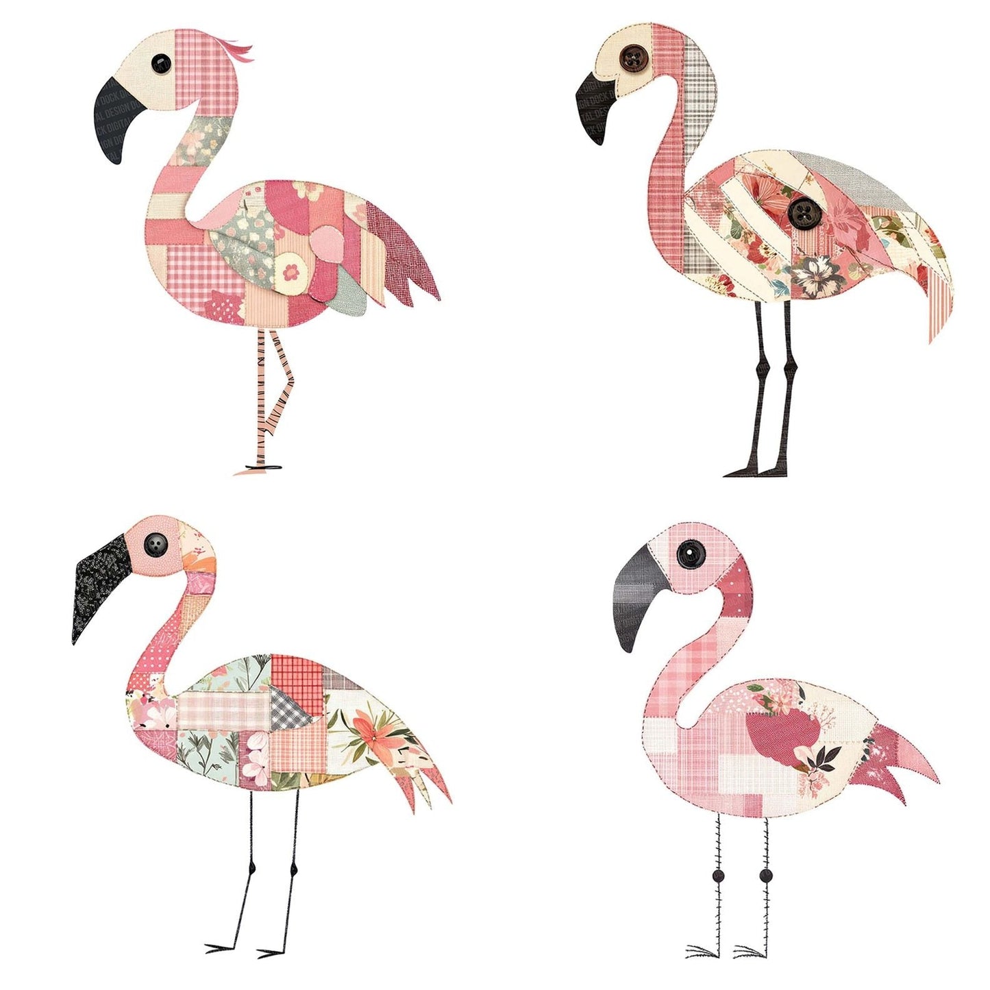Fabric Button Wing Flamingo Clipart Set (DDD005191)