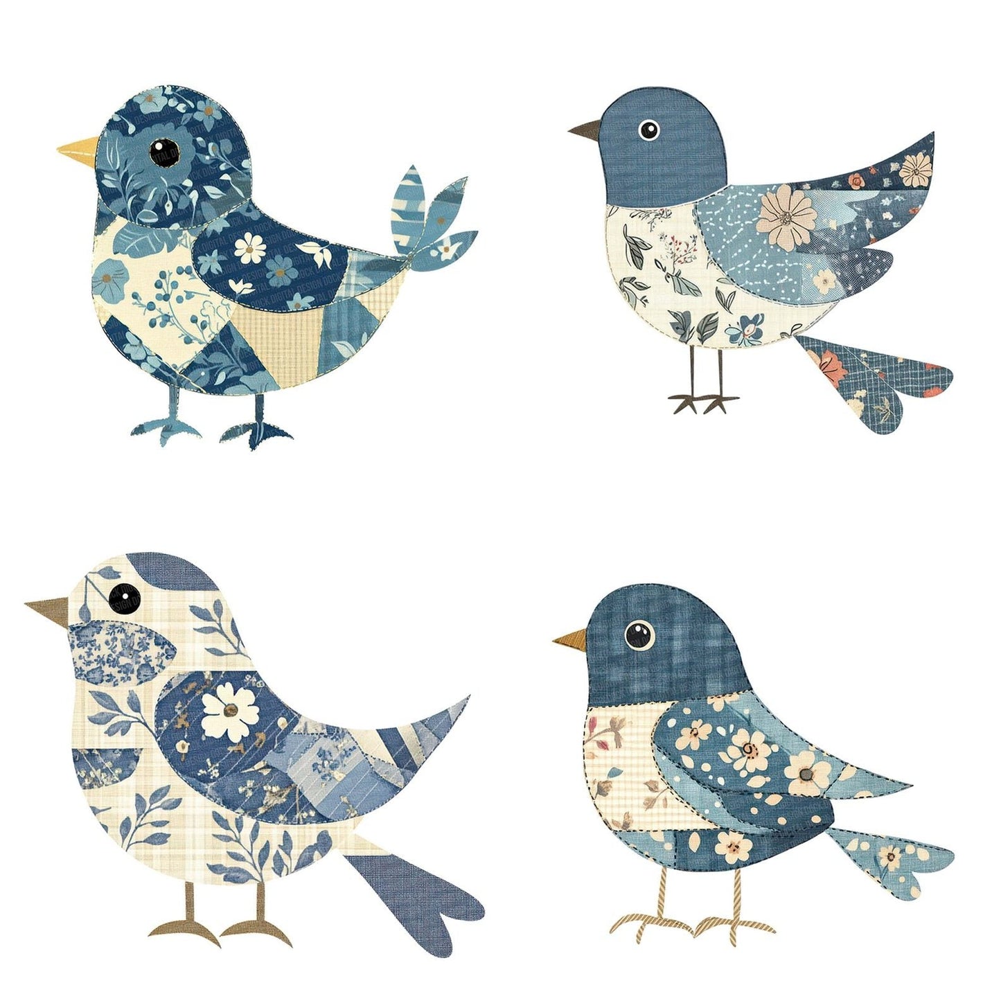 Fabric Dusty Blue Patch Bird Clipart Set (DDD005199)
