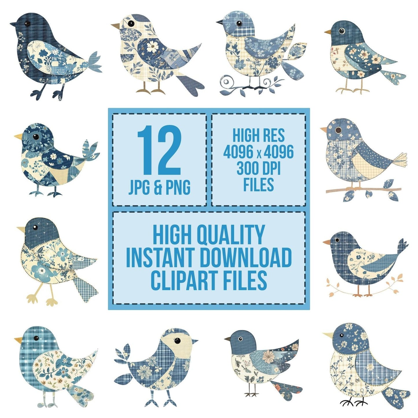 Fabric Dusty Blue Patch Bird Clipart Set (DDD005199)