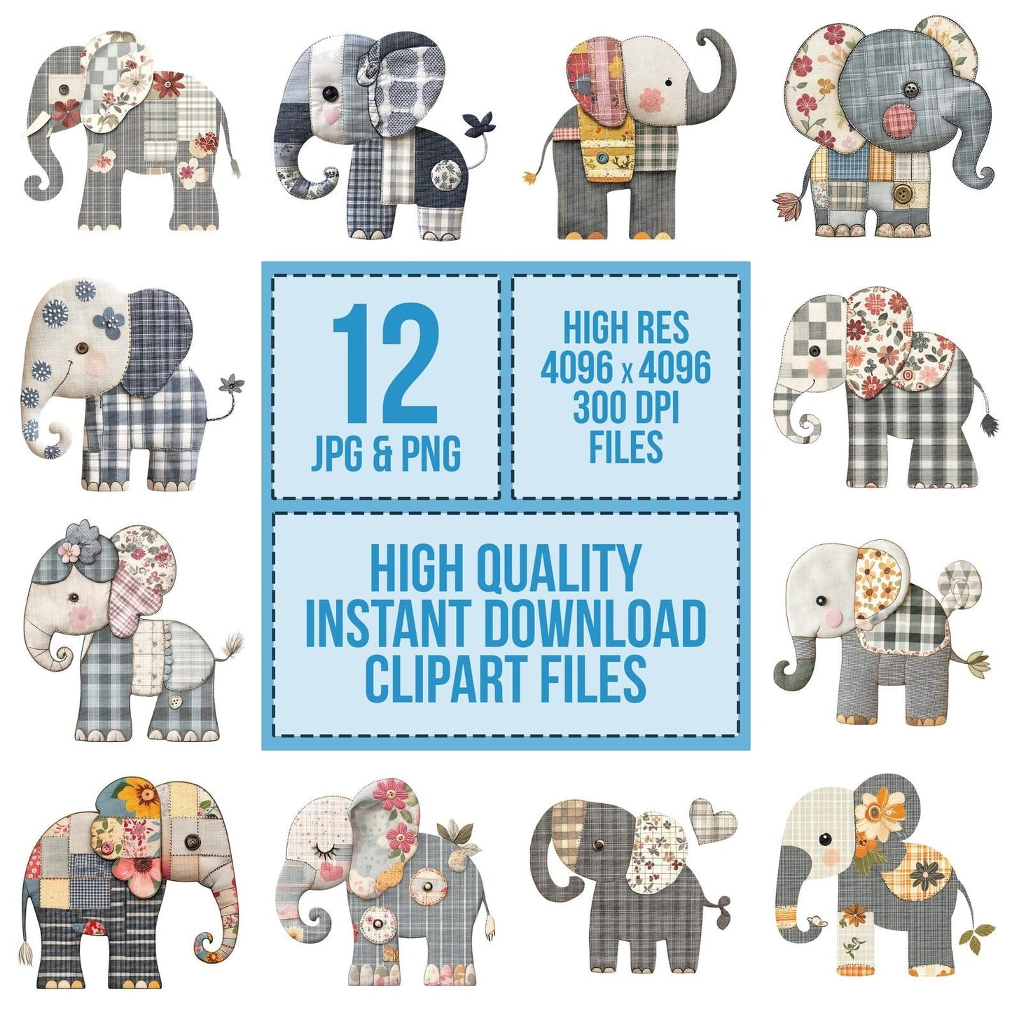Fabric Elephant Toy Clipart Set (DDD005201)