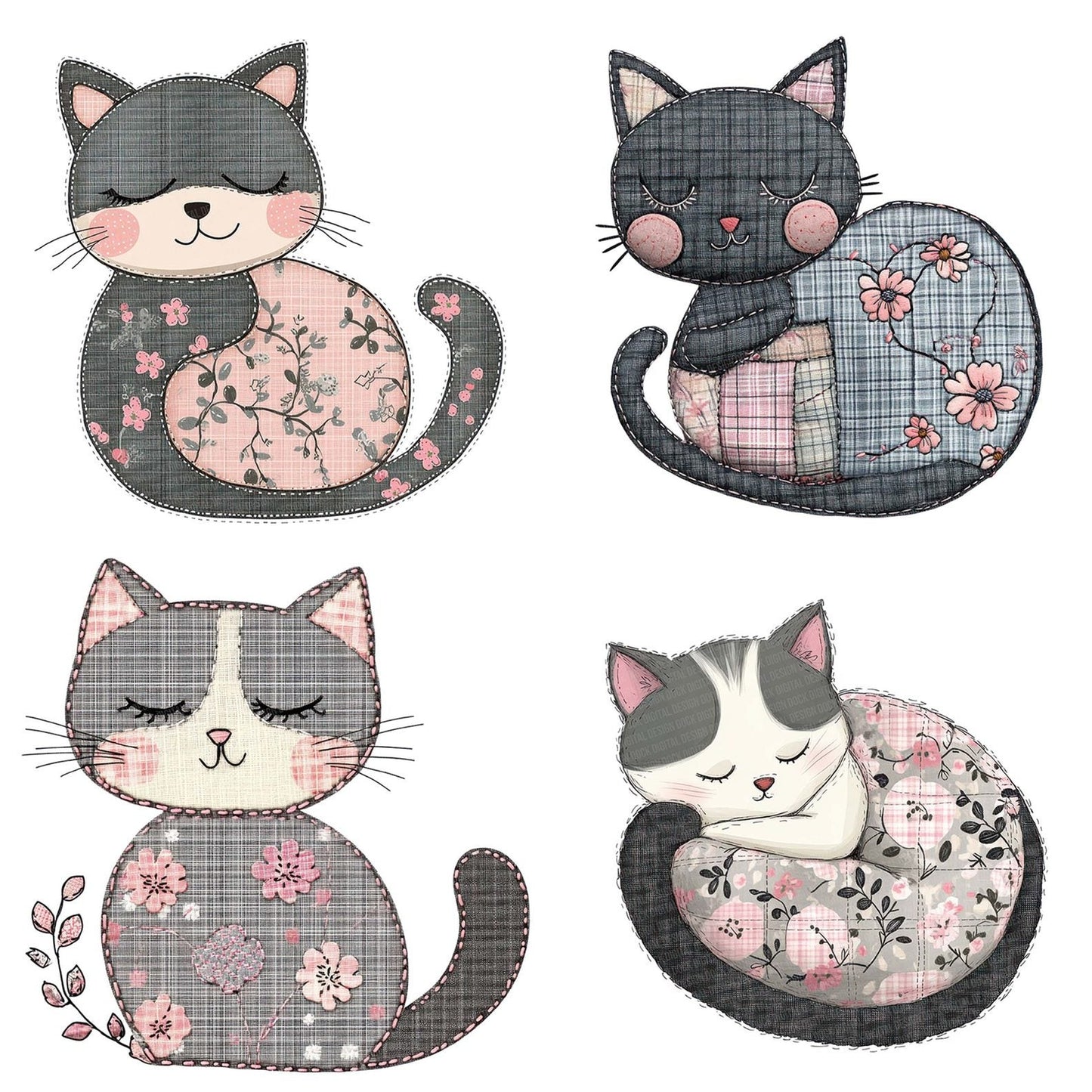 Fabric Embroidered Curling Kitten Clipart Set (DDD005202)