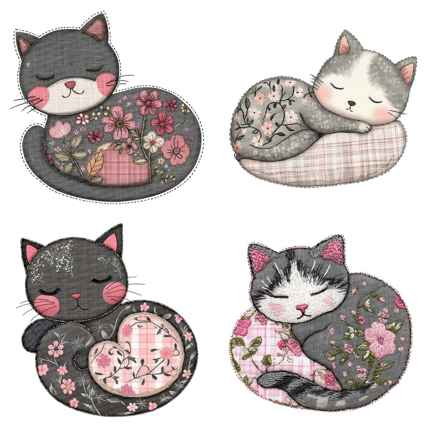 Fabric Embroidered Curling Kitten Clipart Set (DDD005202)