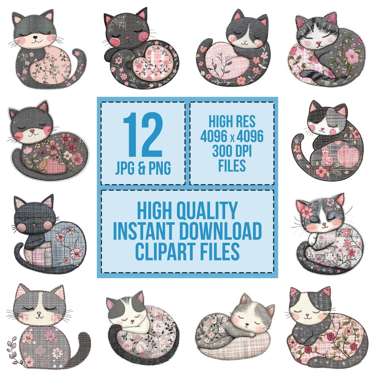 Fabric Embroidered Curling Kitten Clipart Set (DDD005202)
