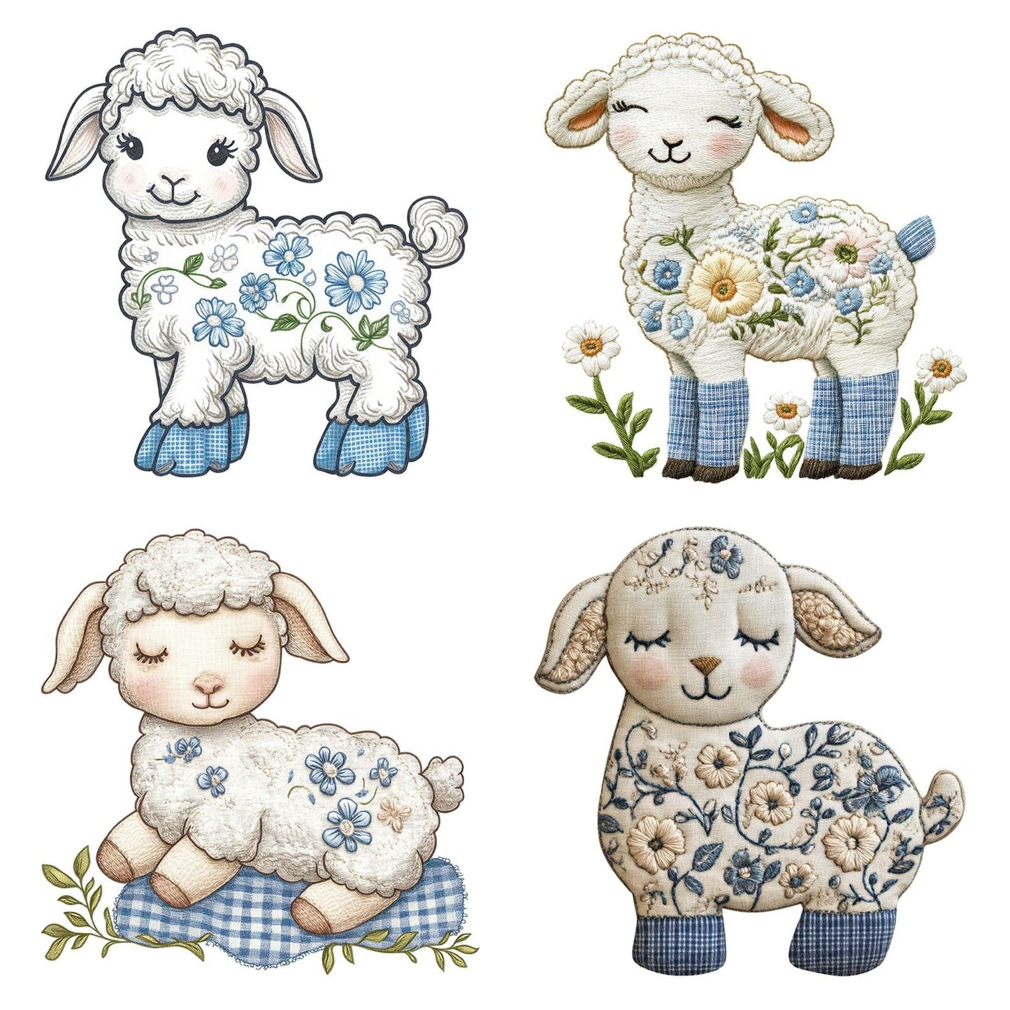 Fabric Embroidered Floral Lamb Clipart Set (DDD005203)