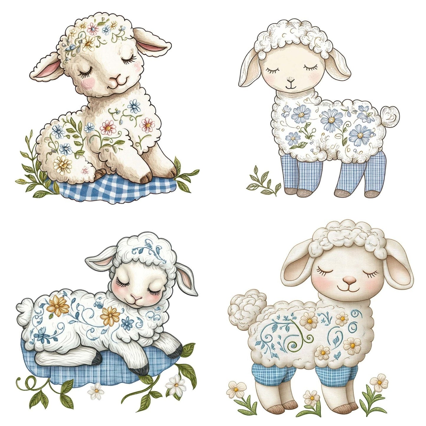 Fabric Embroidered Floral Lamb Clipart Set (DDD005203)