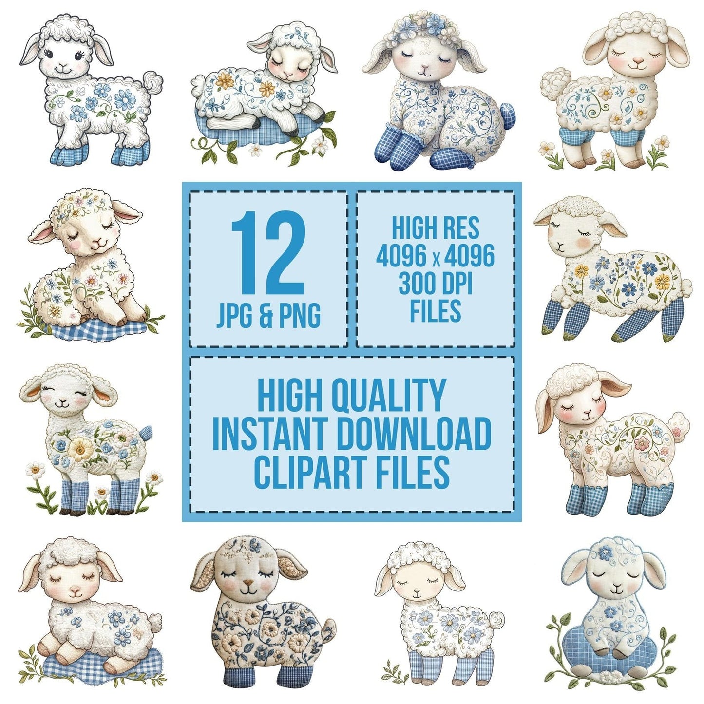 Fabric Embroidered Floral Lamb Clipart Set (DDD005203)