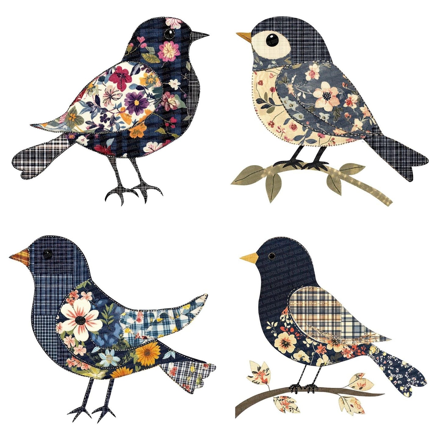 Fabric Floral Navy Songbird Clipart Set (DDD005210)