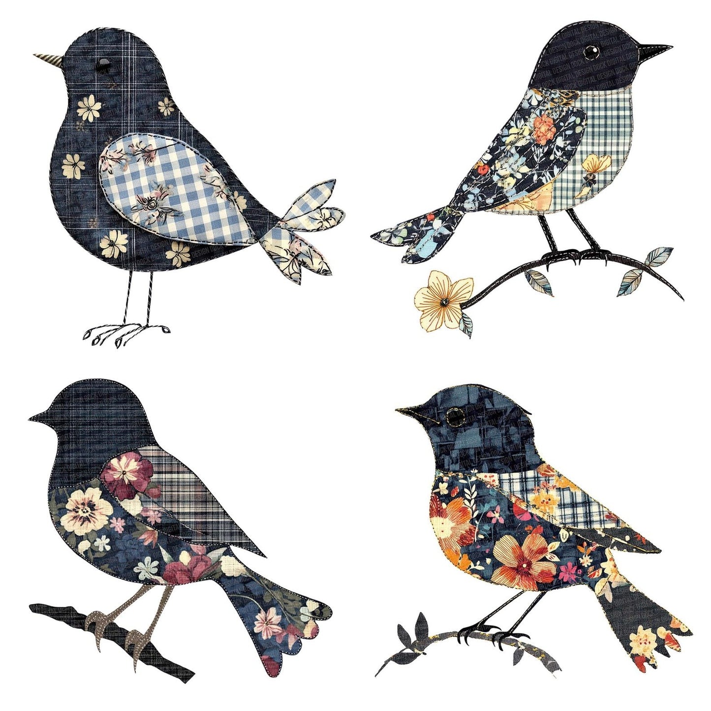 Fabric Floral Navy Songbird Clipart Set (DDD005210)
