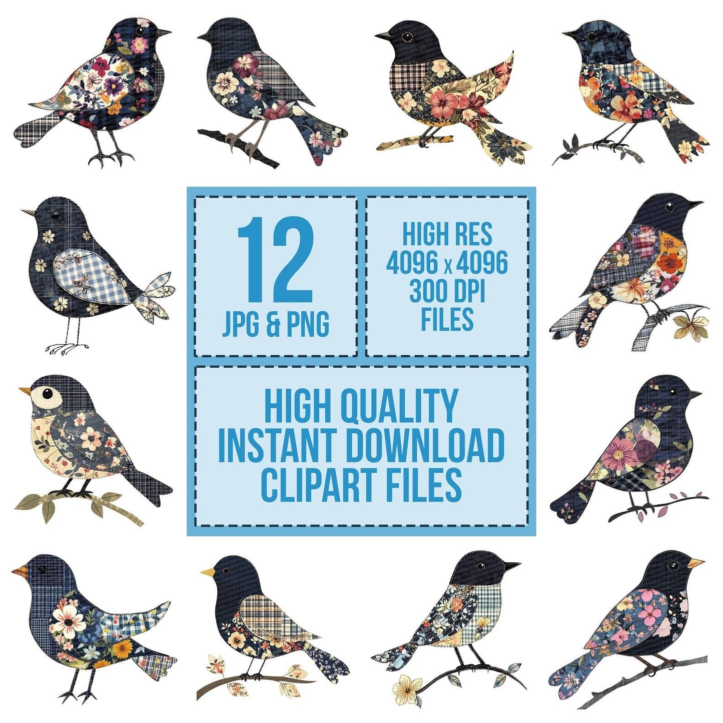 Fabric Floral Navy Songbird Clipart Set (DDD005210)