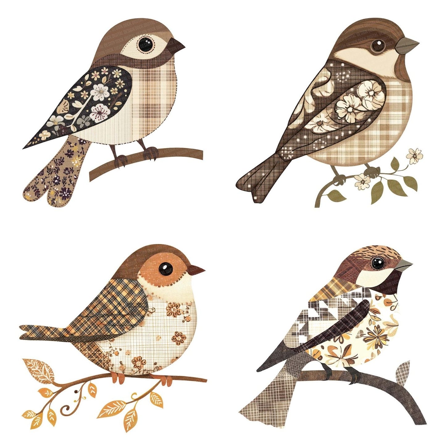 Fabric Floral Wing Sparrow Clipart Set (DDD005211)