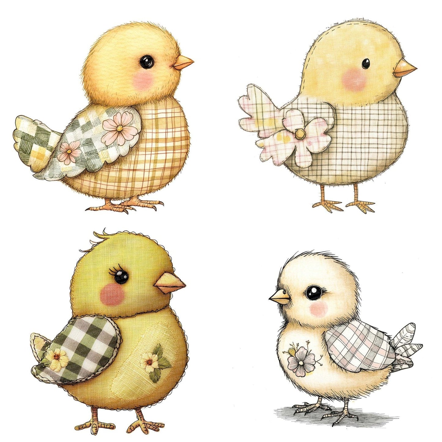 Fabric Gingham Chick with Flower Clipart Set (DDD005215)