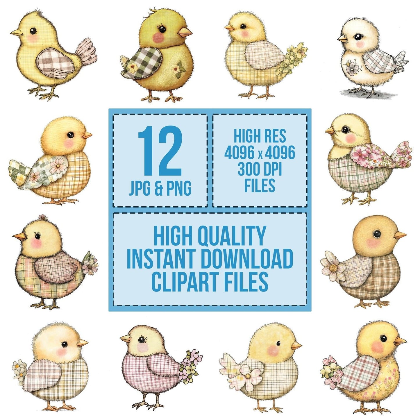 Fabric Gingham Chick with Flower Clipart Set (DDD005215)