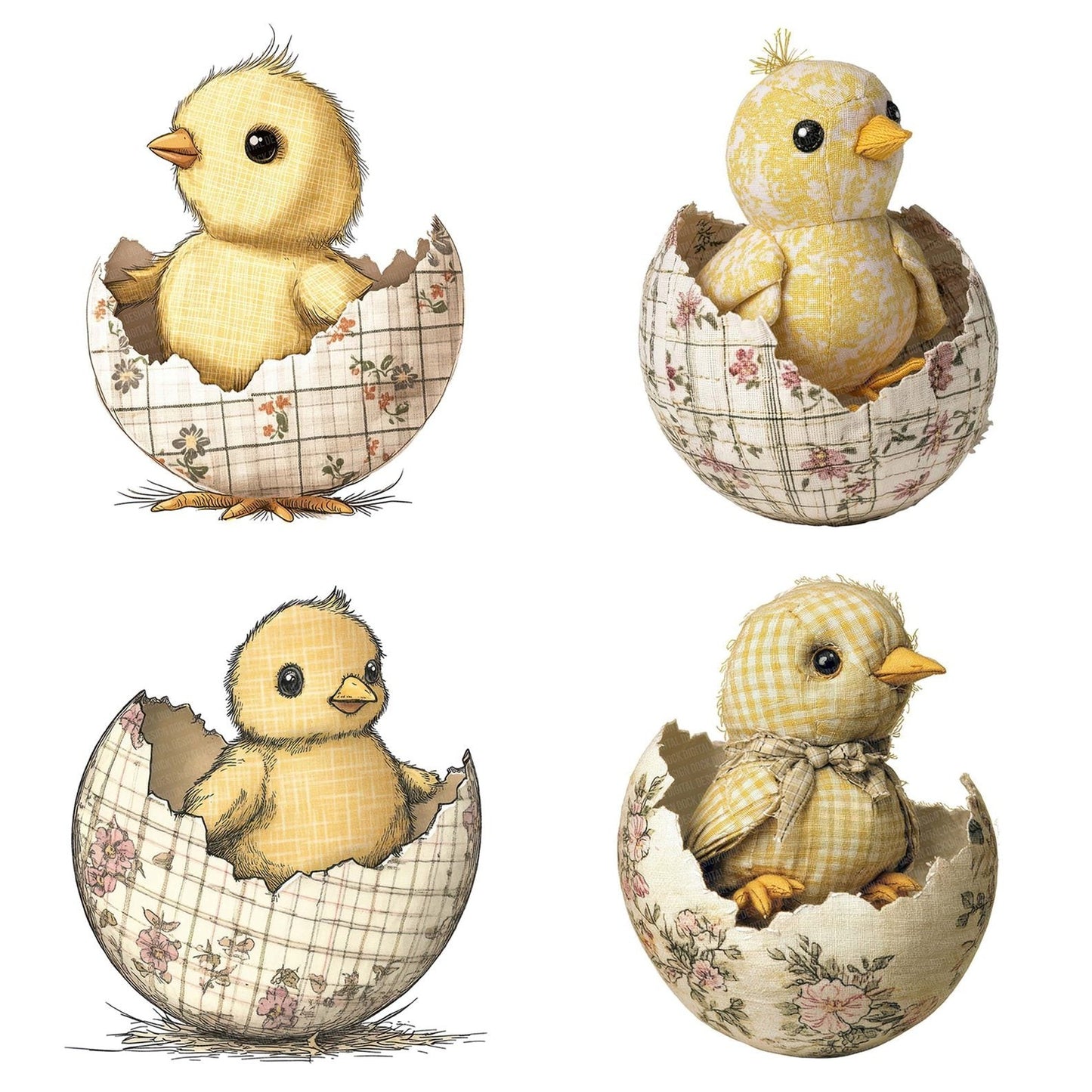 Fabric Hatching Chick Patchwork Clipart Set (DDD005220)