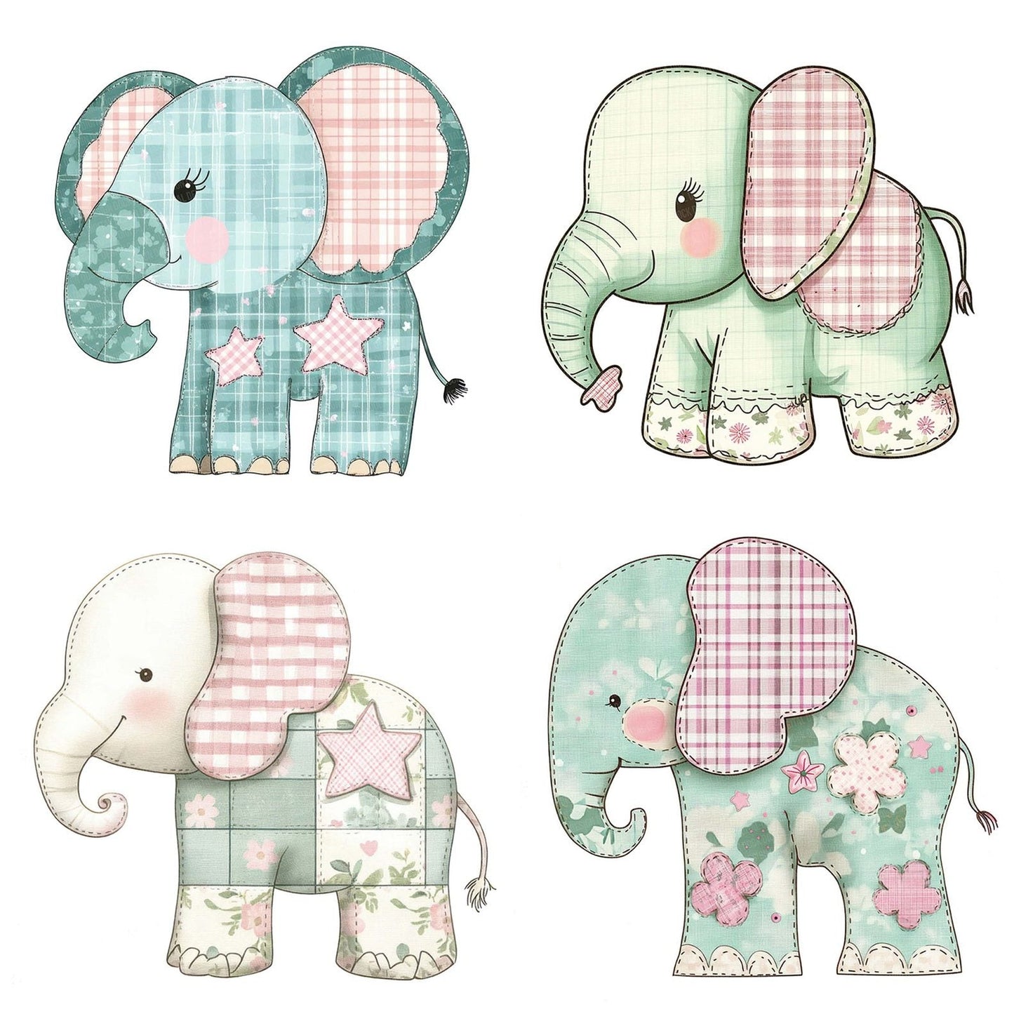 Fabric Mint Tartan Baby Elephant Clipart Set (DDD005226)