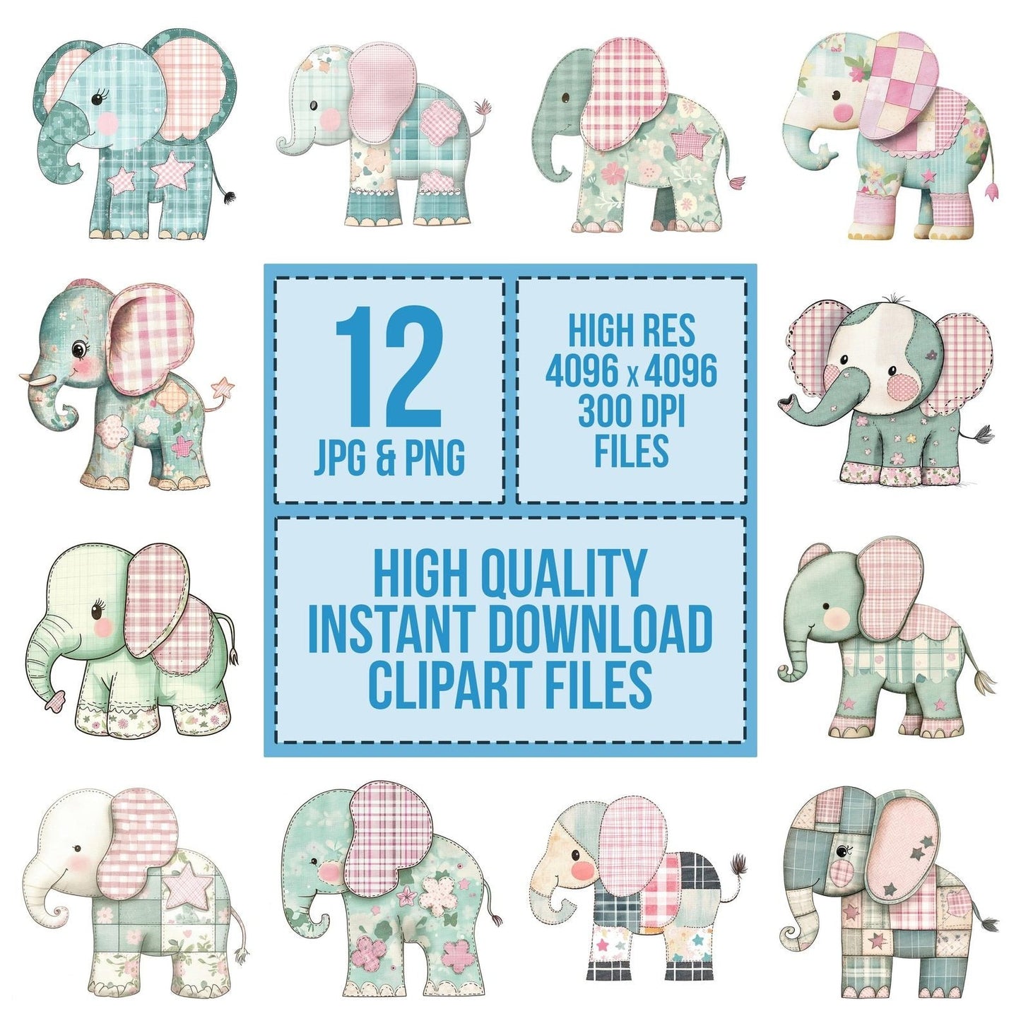 Fabric Mint Tartan Baby Elephant Clipart Set (DDD005226)