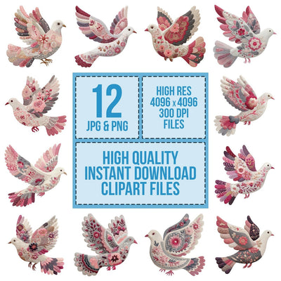 Fabric Patchwork Dove clipart set cover showing the designs and file details