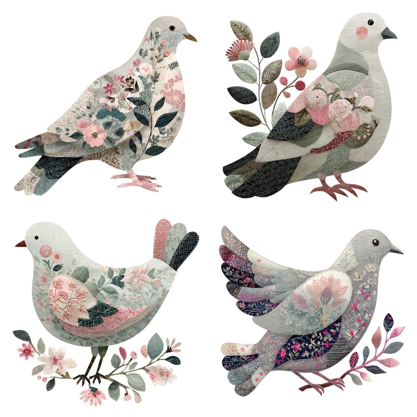 Fabric Patchwork Dove Branch Clipart Set (DDD005239)