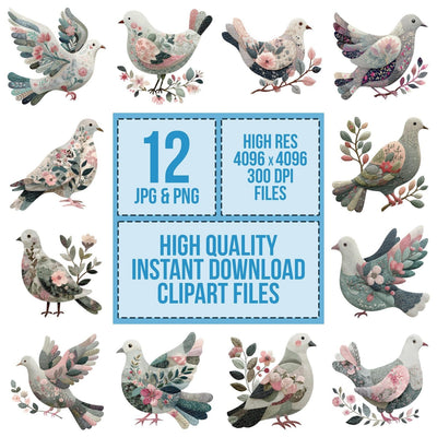 Fabric Patchwork Dove Branch clipart set cover showing the designs and file details