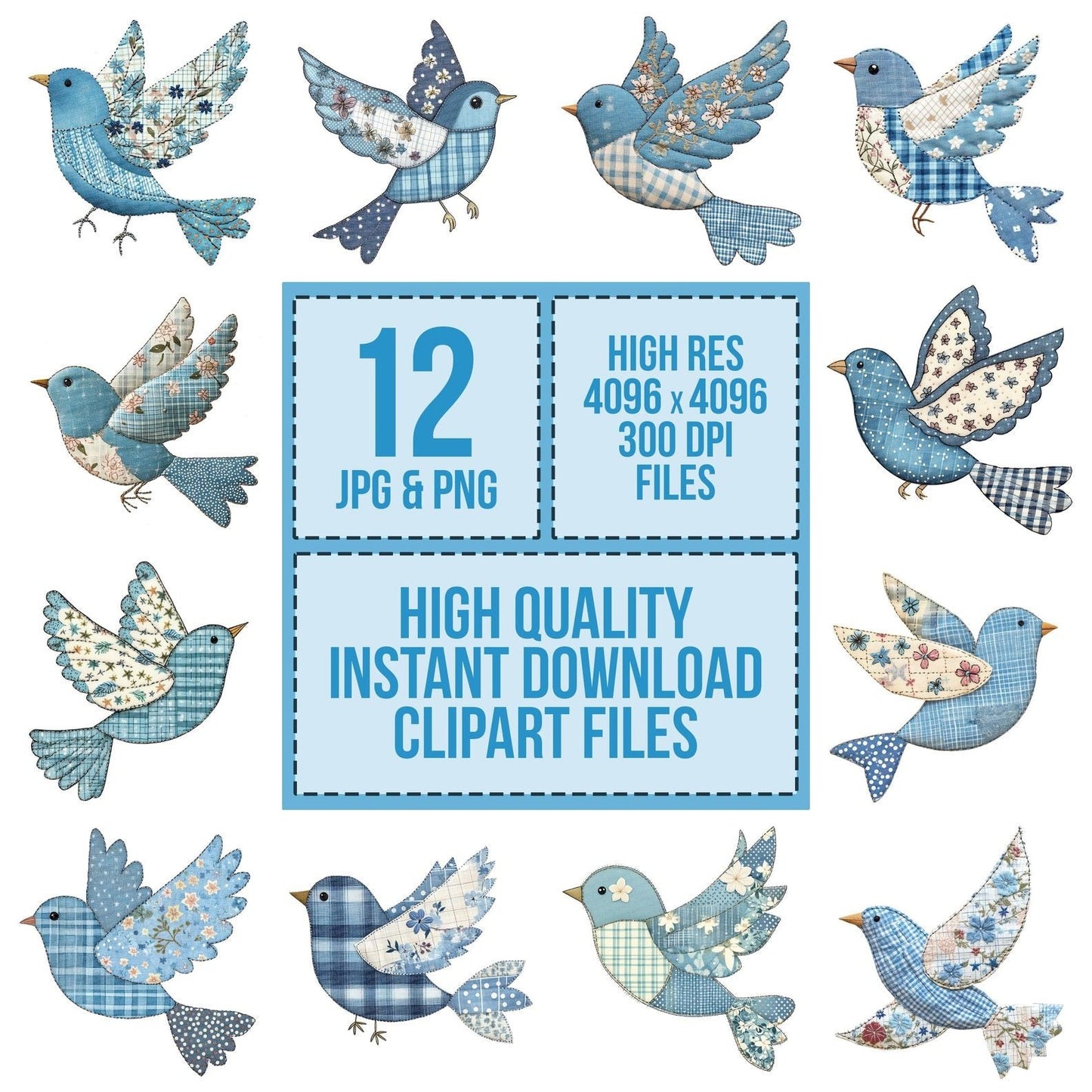 Fabric Patchwork Flying Bluebird Clipart Set (DDD005242)