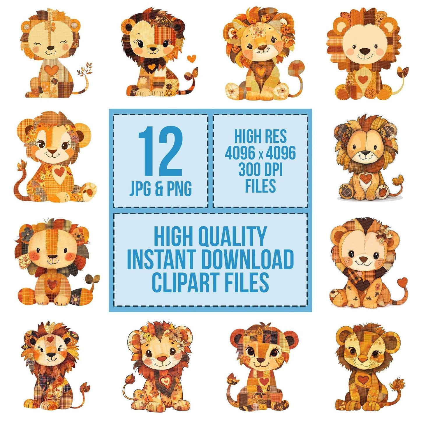 Fabric Patchwork Lion Cub Clipart Set (DDD005246)